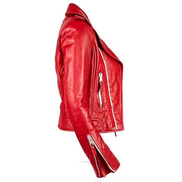Balenciaga Designer Luxury Red Leather Moto Jacket- Small - Picture 13 of 15